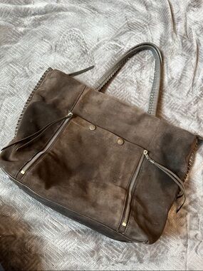 All Saints Brown Suede Tote with Front Zippers